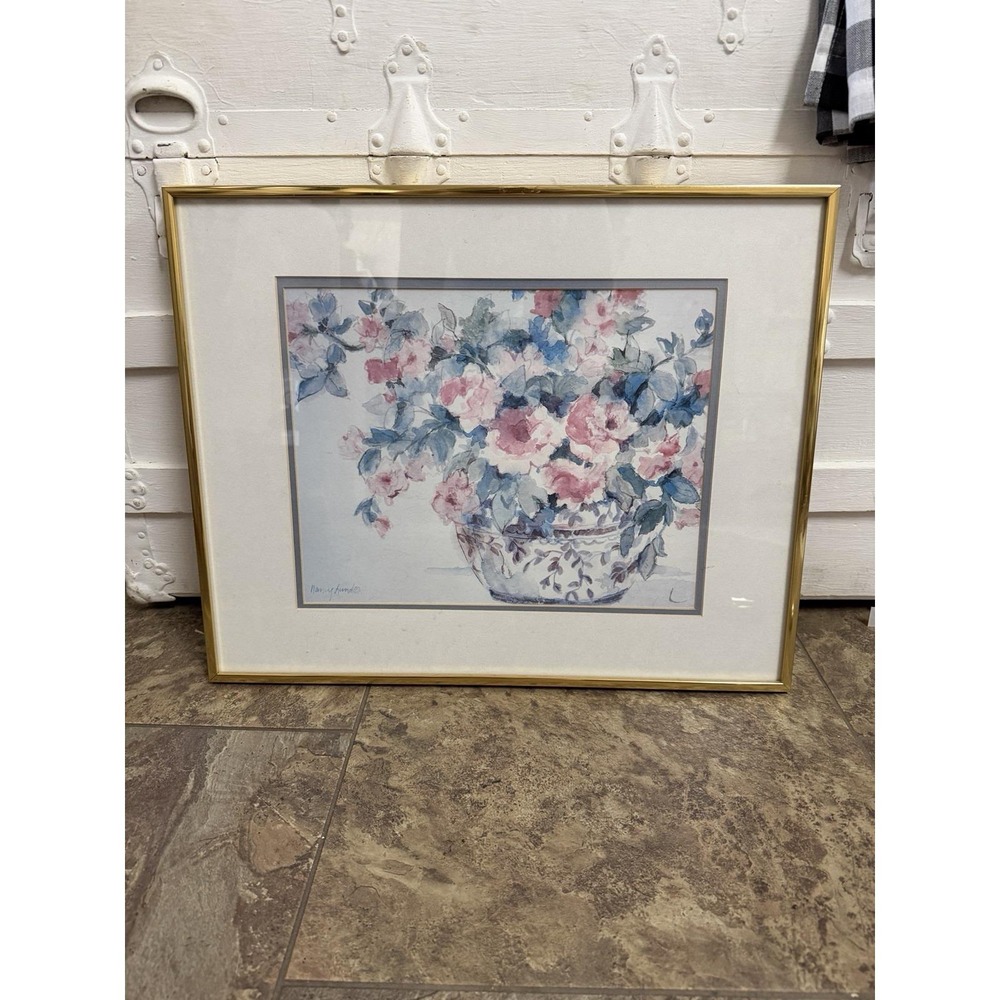 Nancy Lund Watercolor Floral Signed Framed Art Print